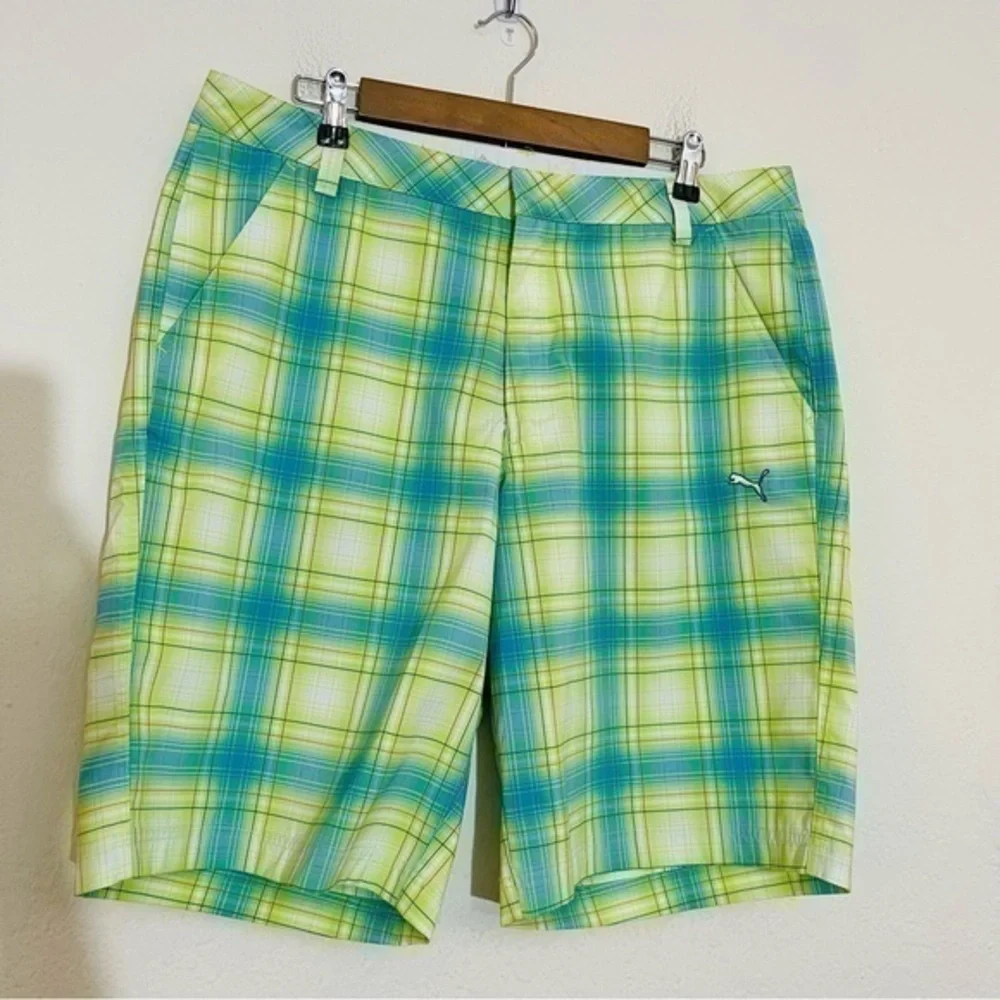 Puma Sport life Style Plaid Golf Shorts Men Size 36 Color Green/Blue Pockets
